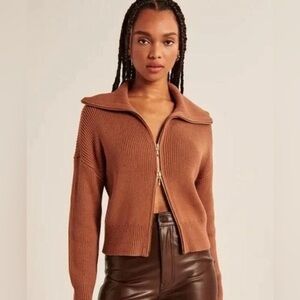 Abercrombie Double Zip Ribbed Cardigan Sweater in Brown